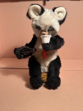 Vintage Black & White Plush Panda Toy Holding Bottle and Cup / JAPAN / Vintage